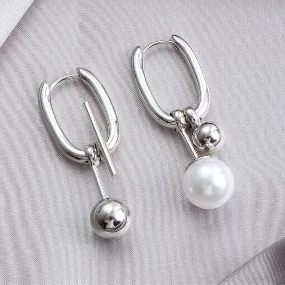 Silver Pearl Drop Hoop Earrings